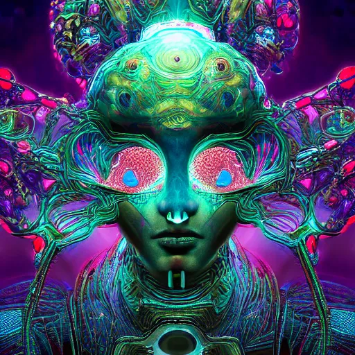 Image similar to Face of a Alien Deity, centered, corals, plume made of geometry, extremly detailed digital painting, sharp focus in the style of android jones, artwork of a futuristic artificial intelligence superstar with frames made of detailed circuits, mystical colors, rim light, beautiful lighting, 8k, stunning scene, raytracing, octane, under water visual distortion, dark tones colors, trending on artstation