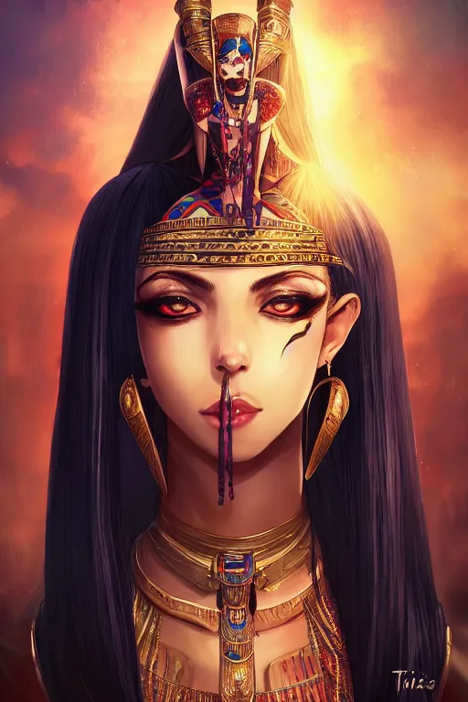 Prompt: a head to hip portrait of a smirking necromancer queen cleopatra, beautiful and detailed eyes, with pyramids and a giant crimson moon with the eye of ra in the background, by tite kubo and guweiz, dramatic lighting, manga cover, highly detailed, incredible quality, trending on artstation