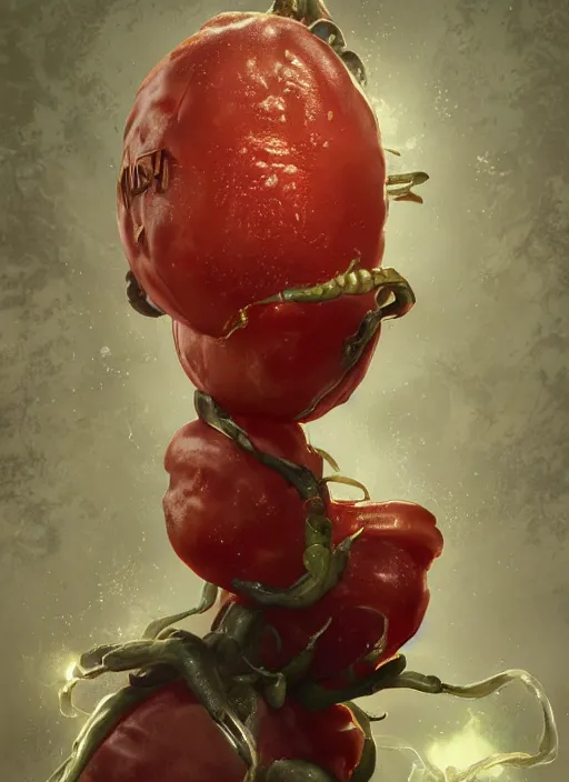 Image similar to biohazard portrait of tomato bioshock, au naturel, hyper detailed, digital art, trending in artstation, cinematic lighting, studio quality, smooth render, unreal engine 5 rendered, octane rendered, art style by klimt and nixeu and ian sprigger and wlop and krenz cushart