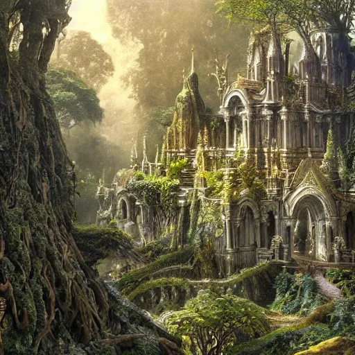 Image similar to a beautiful and highly detailed matte painting of an elven temple in a magical fantasy garden in a lush forest, intricate details, epic scale, insanely complex, 8 k, sharp focus, hyperrealism, very realistic, by caspar friedrich, james gurney and brian froud,