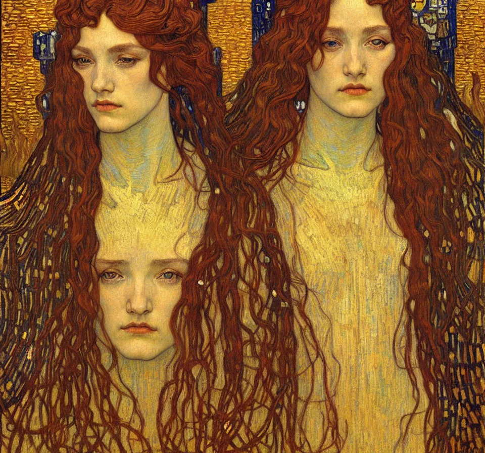 Image similar to detailed realistic beautiful young medieval queen face portrait by jean delville, gustav klimt and vincent van gogh, art nouveau, symbolist, visionary, gothic, pre - raphaelite, muted earthy colors, desaturated