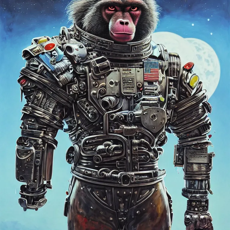 Image similar to a portrait of a muscular anthropomorphic cyberpunk baboon in spacesuit armor with ensignia on chest plate by sandra chevrier, by jon foster, detailed render, pistol in holster, extremely hyperdetailed, tape deck, epic composition, cybernetics, 4 k realistic, cryengine, realistic shaded lighting, sharp focus, masterpiece, by enki bilal