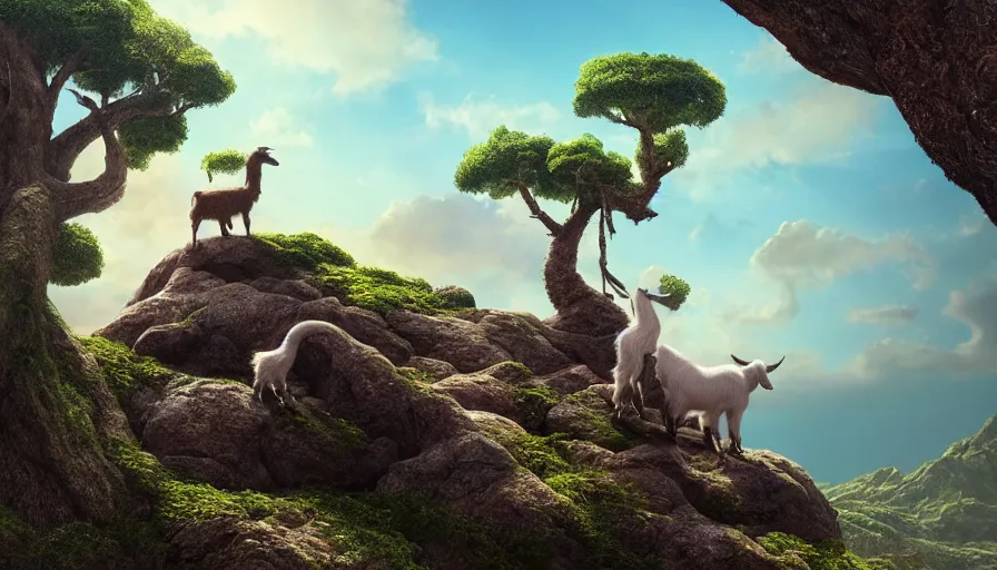 Image similar to very very small goat, sitting on a gigantic dragon tree in socotra island by ilya kuvshinov, rtx rendering, octane render 1 2 8 k, maya, extreme high intricate details by tom bagshaw, medium shot, close up shot, composition by sana takeda, lighting by greg rutkowski