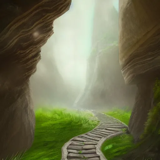 Prompt: a long winding pathway with deep cliffs on both sides, with a mysterious dark castle at the of the path, digital art, 8 k, concept art