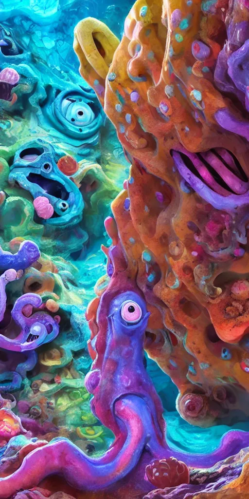 Image similar to of a colorful deep sea cave with strange cute friendly happy creatures with huge eyes, mouth, long tongue and round teeth appearing from sandy coral, in the style of gehry and gaudi, macro lens, shallow depth of field, ultra detailed, digital painting, trending artstation, concept art, illustration, cinematic lighting, photorealism, epic, octane render