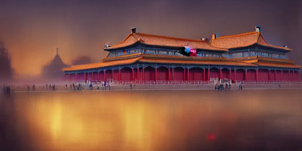 Image similar to Forbidden City by Neon Light, in the style of Cyberpunk Impressionism, Krenz Cushart, Moebius, and Muchain, Prismatic, Rococo, Pearlescent, reflective, shimmering, highly detailed, masterpiece, dreamy, concept art, Cinema lighting, 8k, trending on artstation