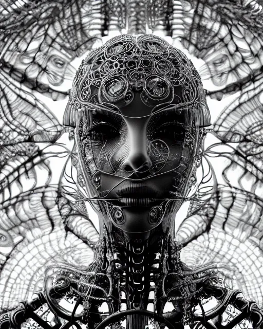 Image similar to mythical dreamy black and white organic translucent bio-mechanical spinal ribbed profile face portrait detail of mechanical beautiful female angelic-vegetal-cyborg, highly detailed, intricate steampunk ornate, poetic, 3D render, digital art, octane render, 8K artistic photography, photo-realistic, by Dora Maar