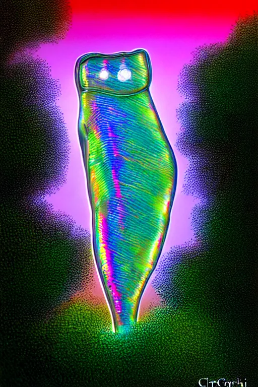 Image similar to a hyperrealistic detailed image of a fiberoptic light rainbow colored iridescent transparent creature in the bushes of a suburban neighborhood on a sunset evening, depth perspective, depth of field, cinematic angle, by chris cunningham and richard corben, highly detailed, vivid color,