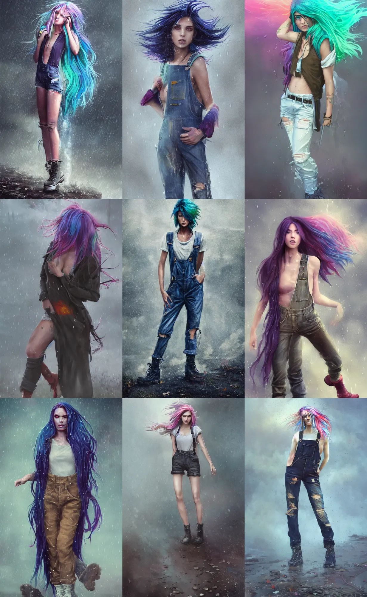 Prompt: Full body, attractive grungy godess woman with rainbow hair, soft eyes and narrow chin, fit dainty figure, long hair straight down, torn overalls, combat boots, basic white background, side boob, in the rain, wet shirt, luscious, style by Jordan Grimmer and greg rutkowski, crisp lines and color,