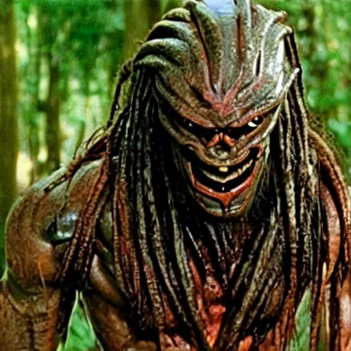 Image similar to forest gump replaced by a monster from the movie predator, still movie shot