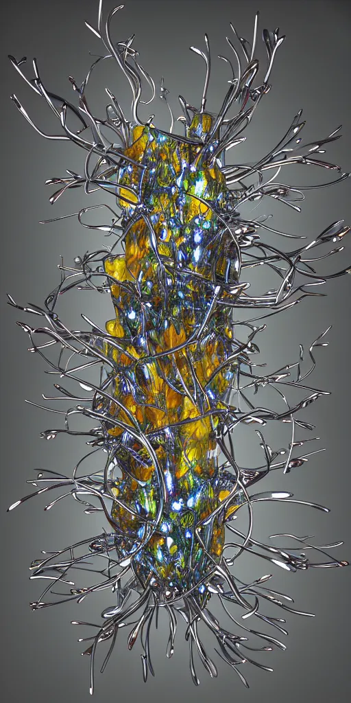 Image similar to 3 d photographic render of physarum sculpture made of chrome, neon circles, chrometype, made of liquid metal, neotribal with thorns and thunders, raytracing, hyper realistic, volumetric lightning, 8 k, by zhelong xu and ouchh studio