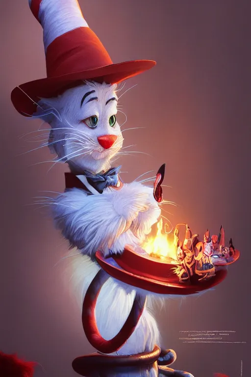 Image similar to complex 3 d render, hyper detailed, ultra sharp, of the cat in the hat, scary, cinematic, natural soft light, rim light, masterpiece by greg rutkowski and artgerm and john berkey, dr seuss