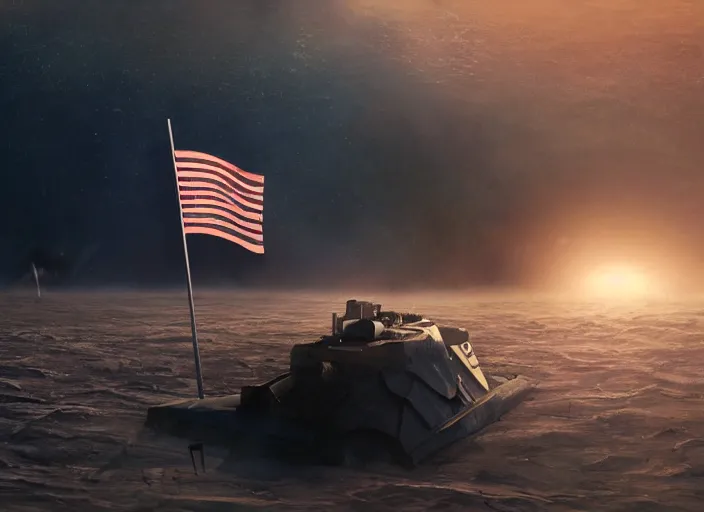 Image similar to astronaut holding a flag in an underwater desert. a submarine is visible in the distance. dark, concept art, cinematic, dramatic, atmospheric, 8 k, trending on artstation, blue, fish, low visibility, fog, ocean floor, christopher nolan, interstellar