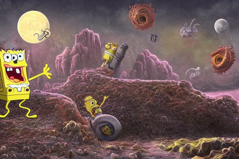 Prompt: Spongebob Cthulhu chimera on the photorealistic lunar landscape, high detail, movie poster, moon surface, silhouetted