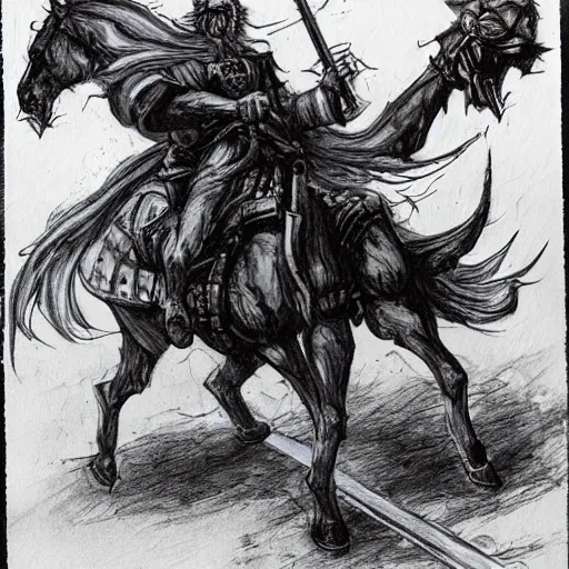 Prompt: epic wizard riding a horse into the gates of hell, holding a shotgun, realistic concept art