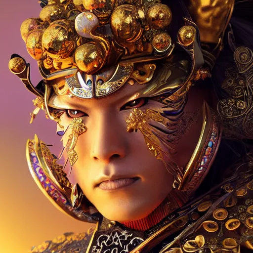 Image similar to a samurai wearing with golden ornaments and diamonds jewelry by alex gray and android jones, karol bak, ayami kojima, amano, concept art, character design, fantasy, 3 d, 8 k resolution