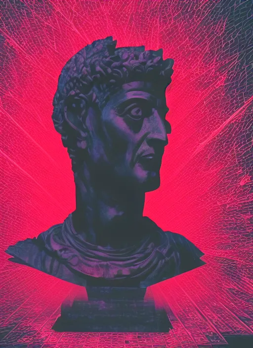 Prompt: black background with subtle red and purple design elements, statue of julius caesar, nekro, modern design, collage art, thin lines, dark, glitch art, neo vaporwave, gritty, layout frame, trending on artstation