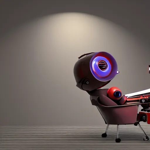 Image similar to futuristic studious matte brown and red and chrome full-body humanoid robot with two huge round expressive sad purple glowing LED eyes and open rectangular mouth sitting on a large comfortable cushioned 1950s vintage recliner reading a newspaper. open newspaper. Cinematic Movie Photograph, Arri Alexa, Extremely Detailed, smooth, very very clean, 8K, octane render, maya render, unreal engine, trending on artstation, DSLR, excellent composition, center frame