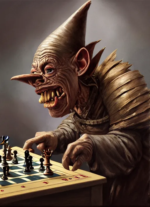 Image similar to highly detailed closeup portrait of a medieval goblin playing chess, stephen bliss, unreal engine, greg rutkowski, ilya kuvshinov, ross draws, hyung tae and frank frazetta, tom bagshaw, tom whalen, nicoletta ceccoli, mark ryden, earl norem, global illumination, god rays, detailed and intricate environment