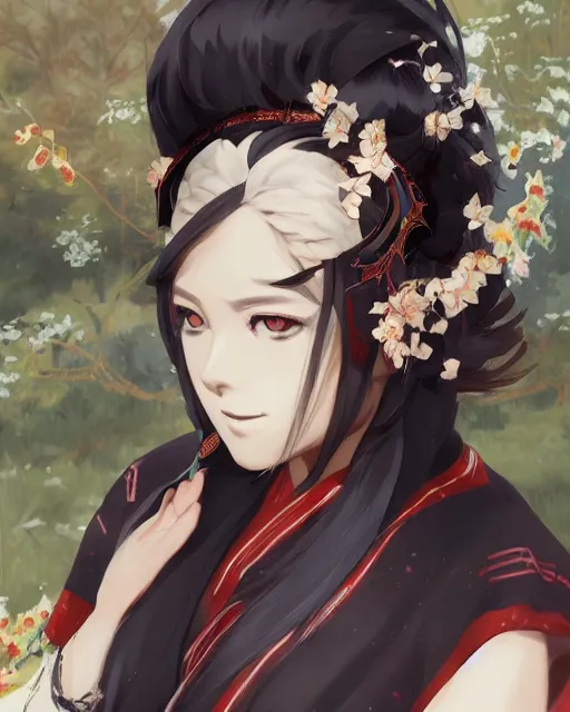 Image similar to An anime portrait of Ssunbiki as a beautiful woman wearing a kimono from Skyrim, by Stanley Artgerm Lau, WLOP, Rossdraws, James Jean, Andrei Riabovitchev, Marc Simonetti, and Sakimichan, trending on artstation, impressionist painting