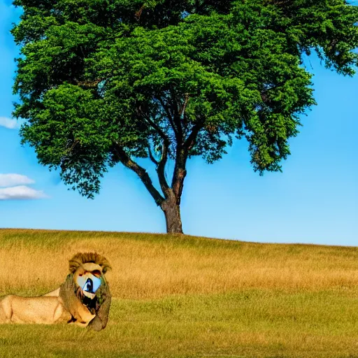 Prompt: a green field with a lion faded in the blue sky with clouds