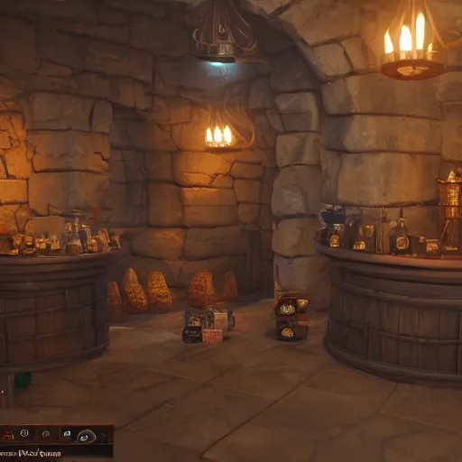 Image similar to a dungeons and dragons potion shop, 4k, trending on artstation, unreal engine, cinematic