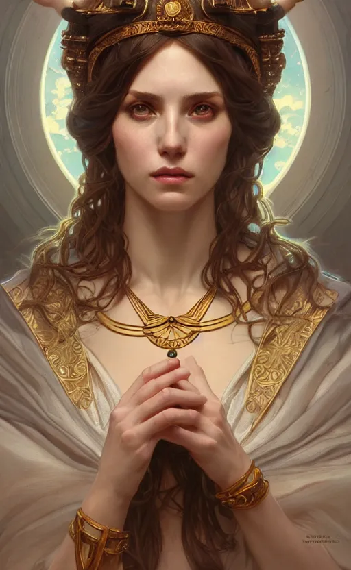 Image similar to portrait of the goddess circe, greek mythology, intricate, headshot, highly detailed, digital painting, artstation, concept art, sharp focus, cinematic lighting, illustration, art by artgerm and greg rutkowski, alphonse mucha, cgsociety