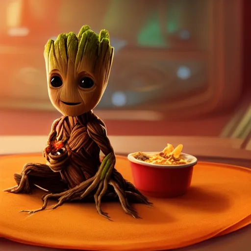 Image similar to Baby Groot eating a burrito while sitting on a soft red rug, hyperdetailed, artstation, cgsociety, 8k