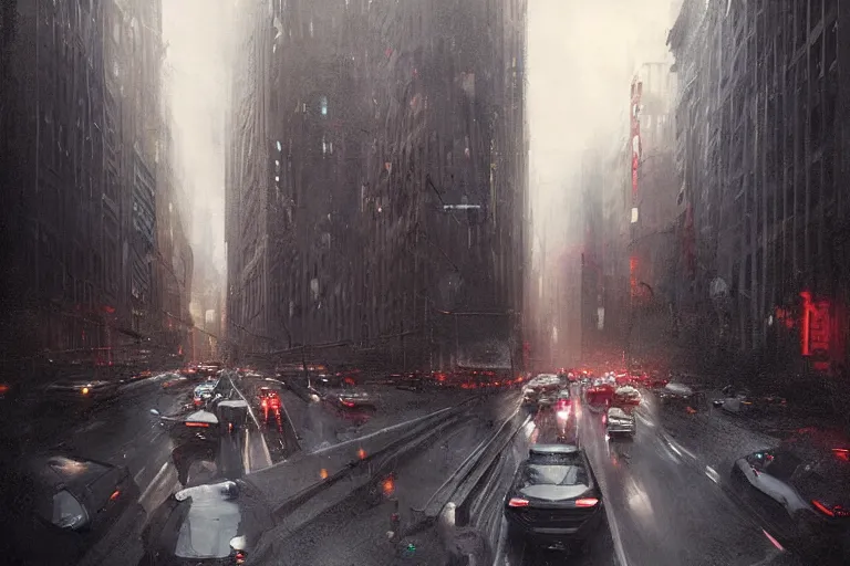 Image similar to beautiful matte painting of boy looking from his window on traffic jam on the streets of neo new york by greg rutkowski