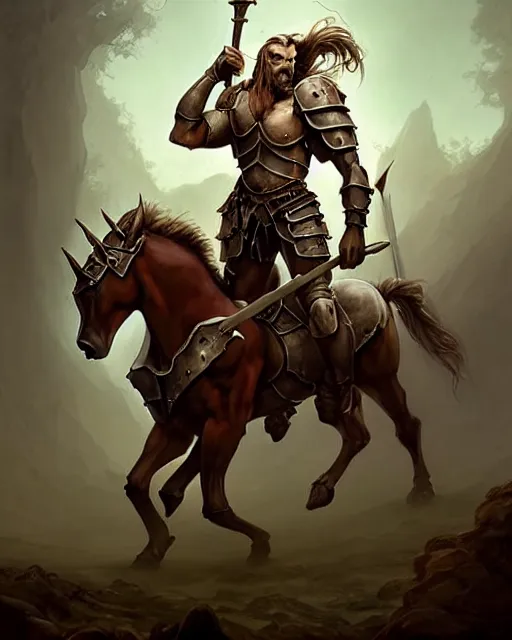 Image similar to centaur centaur centaur chimera :: Paladin, fearsome, beautiful, DnD character art portrait, mythical creature, human male chest and head with horse body, plate armor, matte fantasy painting, DeviantArt Artstation, by Jason Felix by Steve Argyle by Tyler Jacobson by Peter Mohrbacher, cinematic lighting.