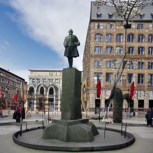 Image similar to a statue of otto von bismarck in the middle of a city square in america.