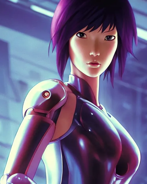 Image similar to weta disney pixar movie still portrait photo of motoko kusanagi ghost in the shell : : as cyborg woman by pixar : : by weta, wlop, ilya kuvshinov, rossdraws, artgerm, marvel, maxim cover, latex, octane render, sweaty, iridescent, bright morning, anime, liosh, mucha : :