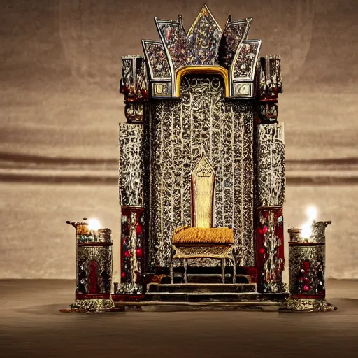 Image similar to a medieval throne room with a table and crystals as seats