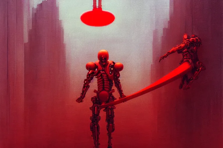 Image similar to only with red, a red cyborg samurai, tokio futuristic in background, some evil yokai fight, in the style of beksinski, parts by edward hopper, parts by rodcenko, parts by yue minjun, intricate and epic composition, red by caravaggio, insanely quality, highly detailed, masterpiece, red light, artstation, 4 k