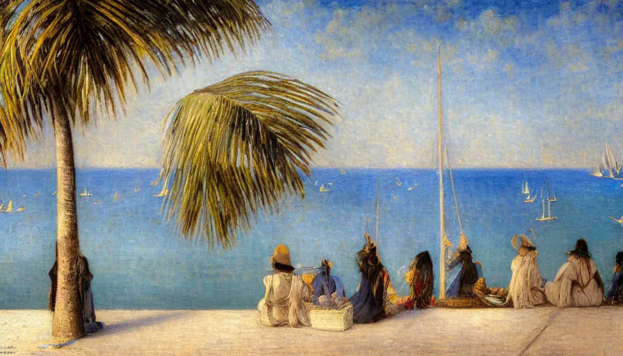 Image similar to a ultradetailed beautiful painting of the night sky of the amazonas palace balustrade designed by jules bastien - lepage, tarsila do amaral, frank weston and gustave baumann, beach, trending on artstation, mediterranean, palm trees, sharp focus, sail boats, soft light, 8 k 4 k