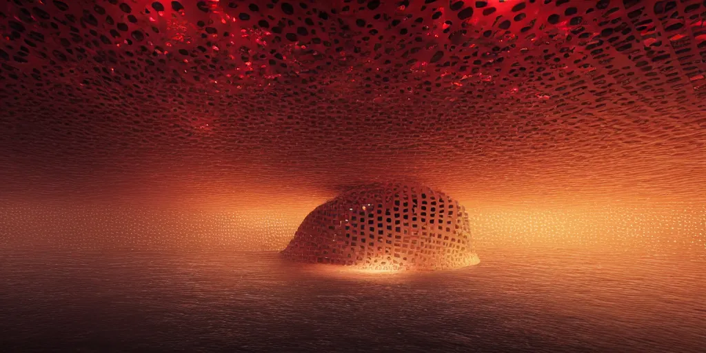 Image similar to An epic architectural rendering of a blob shaped trypophobia house with a mysterious red glow emitting from inside in a modern cityscape next to a river, stunning, gorgeous, golden ratio, photorealistic, featured on artstation, 4k resolution