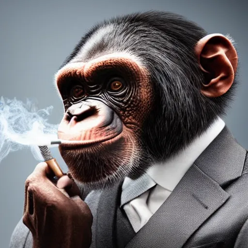 Image similar to a high detail shot of a chimp wearing a suit and smoking