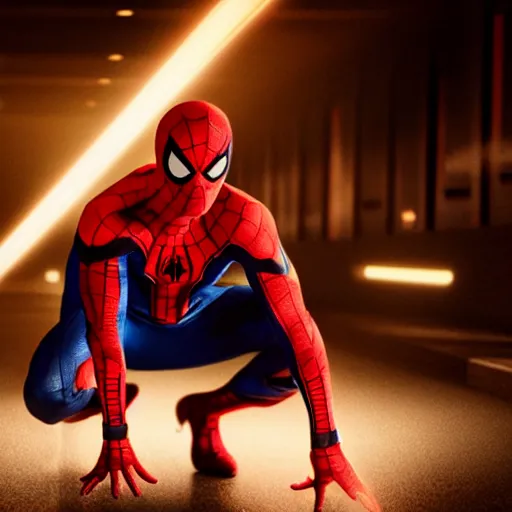 Image similar to ryan reynolds as spider - man, cinematic, volumetric lighting, f 8 aperture, cinematic eastman 5 3 8 4 film, photorealistic