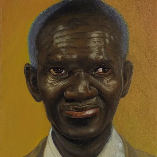 Image similar to a painting of a fatherly, aquiline nose, wide forehead, round face, XXL , loving, caring, generous, ever-present, humble, wise elder from Kenya with a friendly expression in a suit by Lynette Yiadom-Boakye . Fatherly/daddy, focused, loving, leader, relaxed,. ethereal lights, details, smooth, sharp focus, illustration, realistic, cinematic, artstation, award winning, rgb , unreal engine, octane render, cinematic light, macro, depth of field, blur, red light and clouds from the back, highly detailed epic cinematic concept art CG render made in Maya, Blender and Photoshop, octane render, excellent composition, dynamic dramatic cinematic lighting, aesthetic, very inspirational, arthouse.