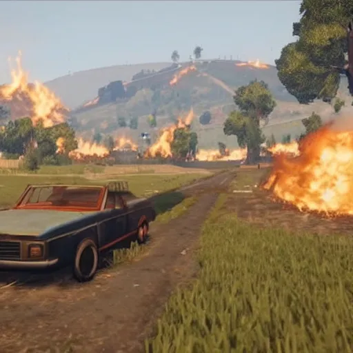 Image similar to a small vintage farm on fire in a field in the style of GTA V, gameplay footage