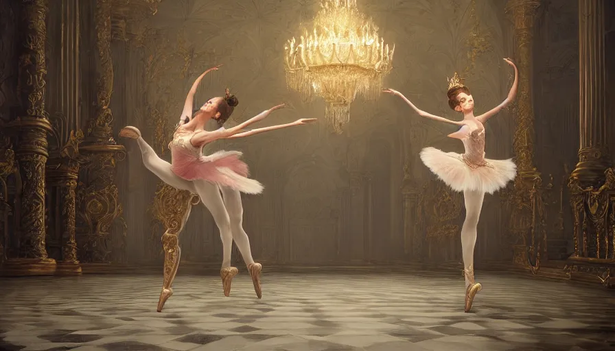 Image similar to the nutcracker and the ballerina dancing in an intricate detailed baroque room in the style of dark souls game series, hyperrealistic, breathtaking, octane render, epic composition, high resolution, Charlie Bowater, Tom Bagshaw, Norman Rockwell, insanely detailed and intricate, trending on artstation, masterpiece, 8k