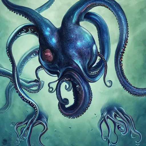 Prompt: Painting, Creative Design, Anthropomorphic octopus, Biopunk, Body horror, by Marco Mazzoni