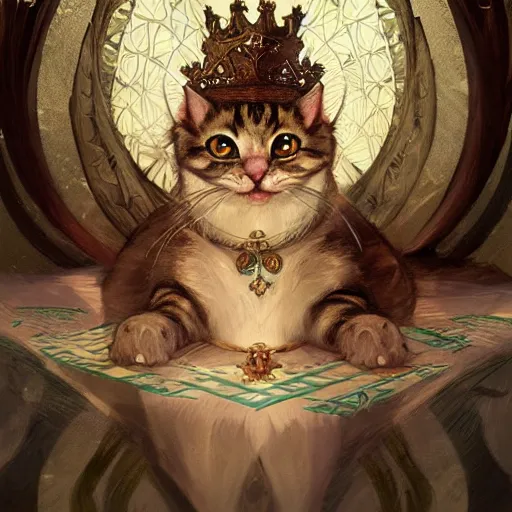 Image similar to A heraldic queen kitty cat with big cute eyes, D&D, fantasy, intricate, cinematic lighting, highly detailed, digital painting, artstation, concept art, smooth, sharp focus, illustration, art by Akihiko Yoshida, Greg Rutkowski and Alphonse Mucha