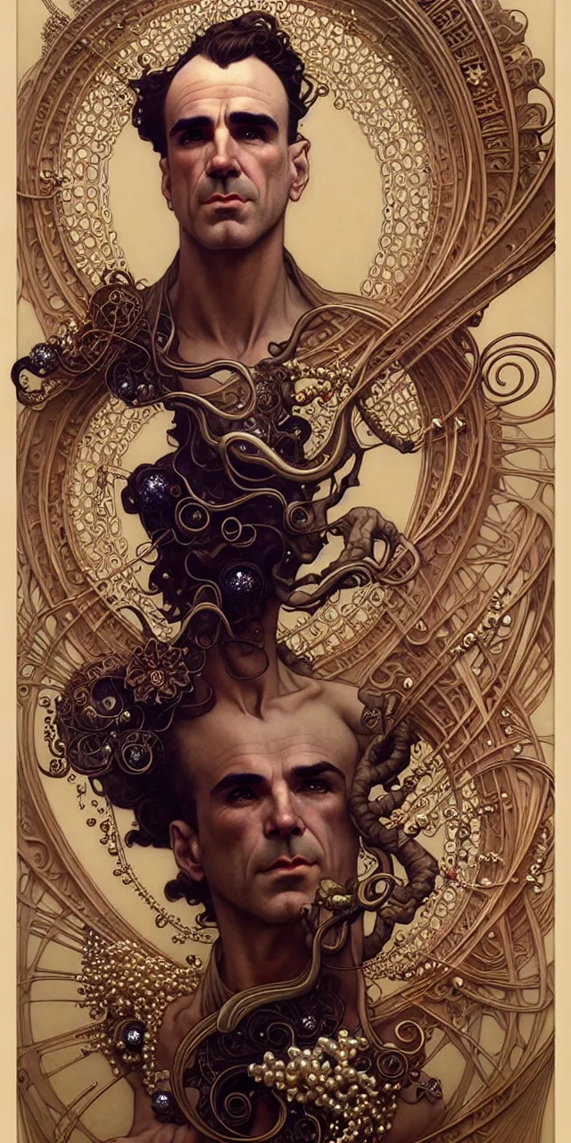 Prompt: handsome daniel day lewis art nouveau fantasy character portrait, ultra realistic, intricate details, the fifth element artifacts, highly detailed by peter mohrbacher, hajime sorayama, wayne barlowe, boris vallejo, aaron horkey, gaston bussiere, craig mullins alphonse mucha, art nouveau curves swirls and spirals, flowers pearls beads crystals jewelry goldchains scattered