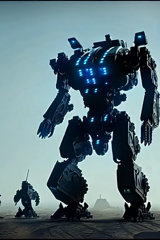 Prompt: cinematic still from 2 0 2 2 nvidia video demo and unity video demo and westworld and real steel, studio showcase of a blue crimson golden aggressive heavily armored strong vital mech sci - fi military army. stunning ornate intricate decoration armor, ultra detailed, 8 k, smog, trending on artstation