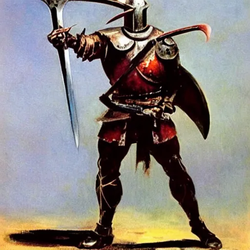 Image similar to a knight raising his sword painted by frank frazetta