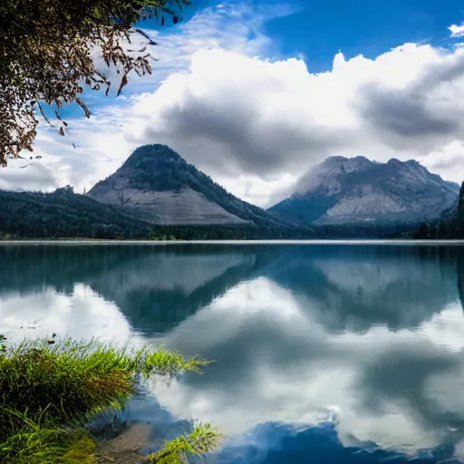 Prompt: beautiful still lake with reflective water, low mountains and beautiful far clouds