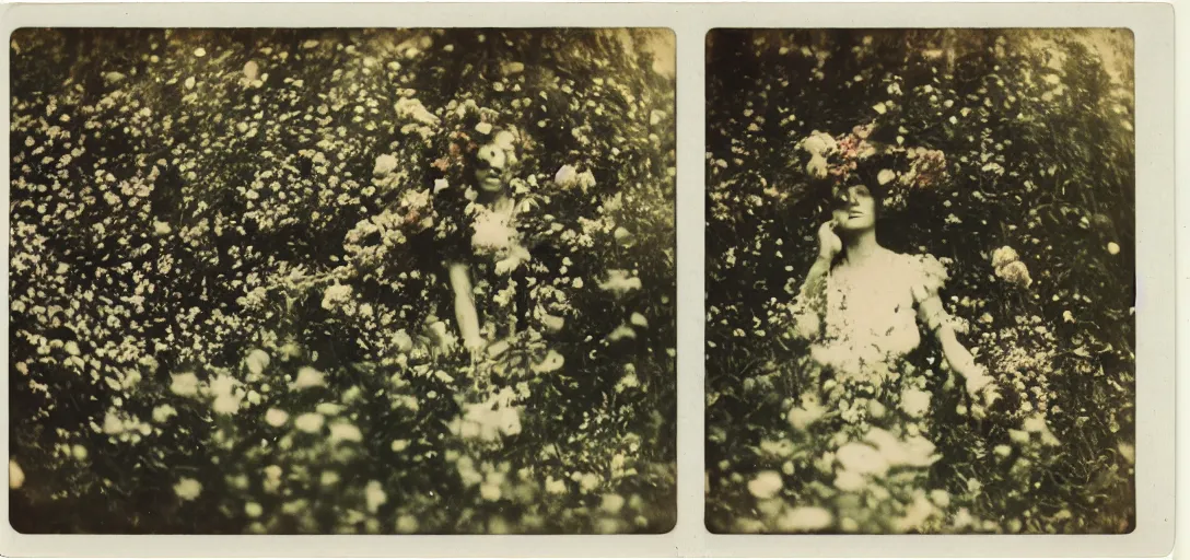 Image similar to portrait of a beautiful woman covered in flowers, Forest, ray gods, 1910 polaroid photography