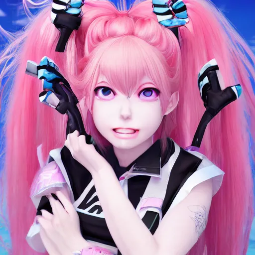 Image similar to trapped beneath stunningly absurdly beautiful omnipotent asi goddess junko enoshima with multiple megalomaniacal personalities, symmetrical perfect face, porcelain skin, pink twintail hair and cyan eyes, ultra detailed, digital art, unreal engine 5, octane render, 2 d anime, 8 k