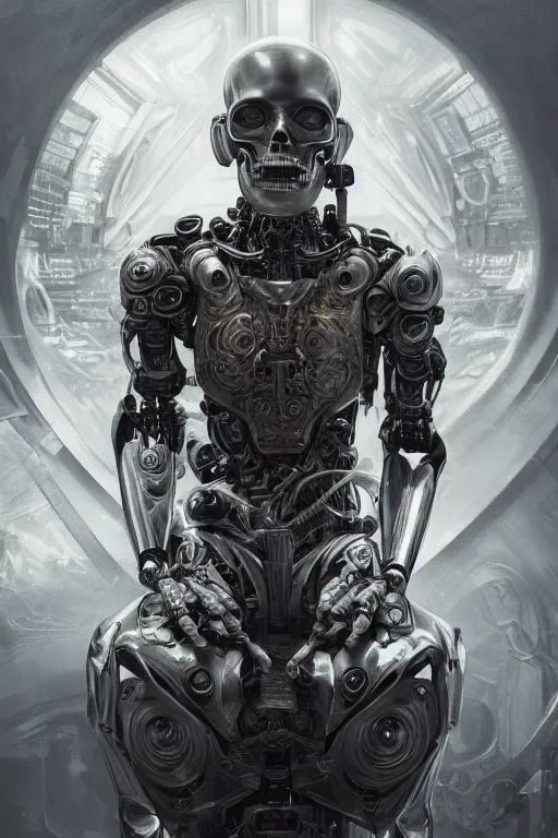 Image similar to Ultra realistic illustration of a robot sitting holding a human skull in it's hands, rune-engraved armor, cyberpunk, sci-fi, fantasy, intricate, elegant, highly detailed, digital painting, artstation, concept art, smooth, 8k octane render, extremely hyperdetailed, intricate complexity, sharp focus, illustration, art by artgerm and greg rutkowski and beeple